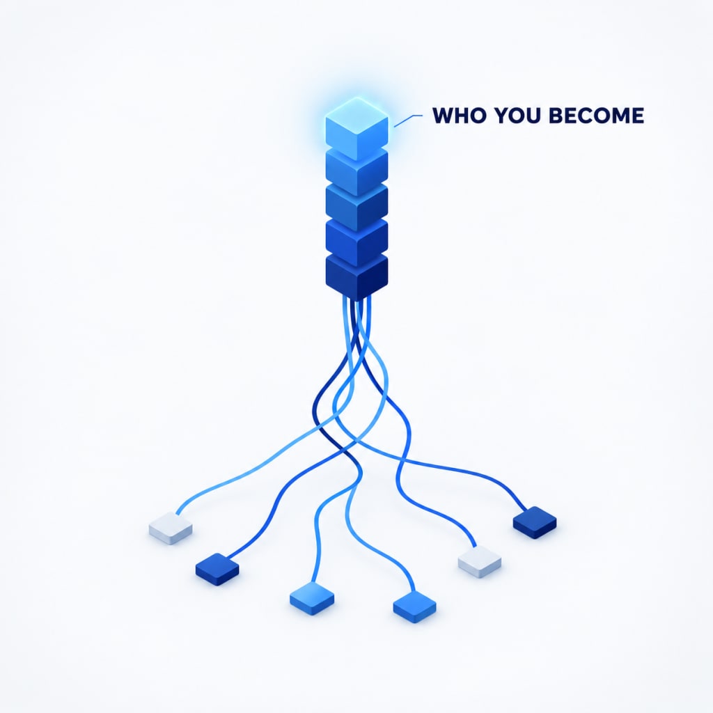 Separate blue threads rising from small scattered tiles and joining into one tall column of stacked blocks, labelled "Who you become".
