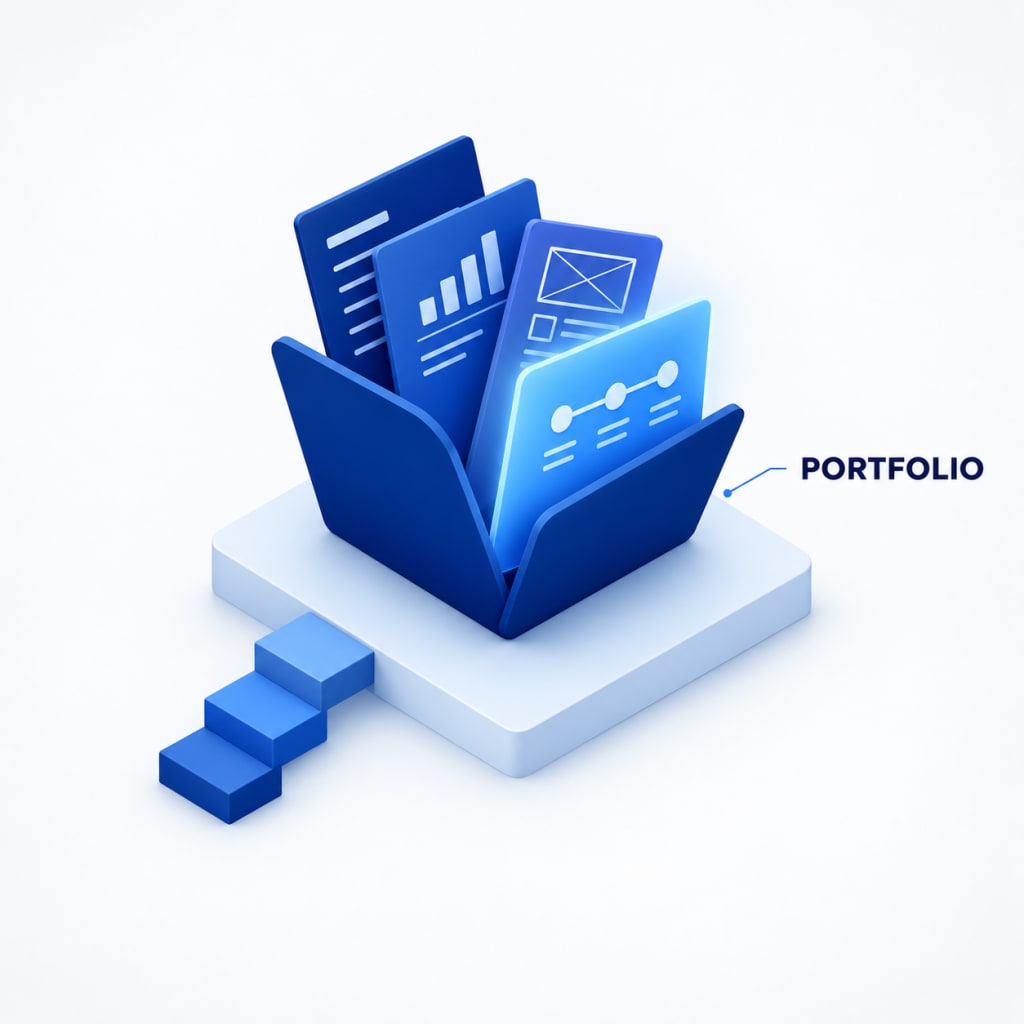 An open portfolio folder with four project cards rising out of it, reached by a short set of steps.