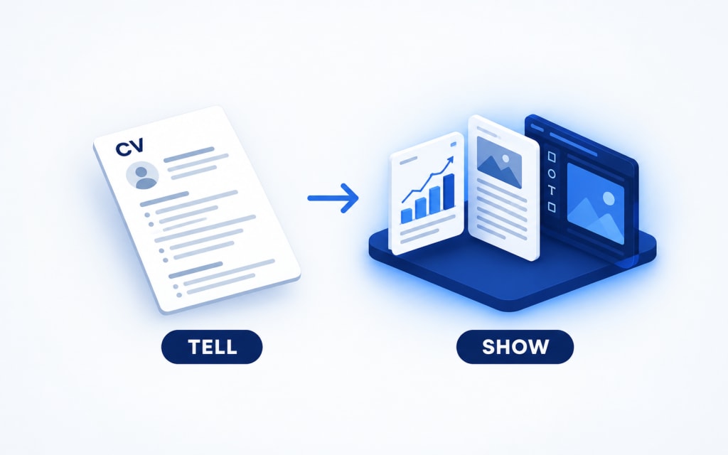 A plain CV document on the left labelled "Tell", with an arrow pointing to a raised stack of real work samples on the right labelled "Show".