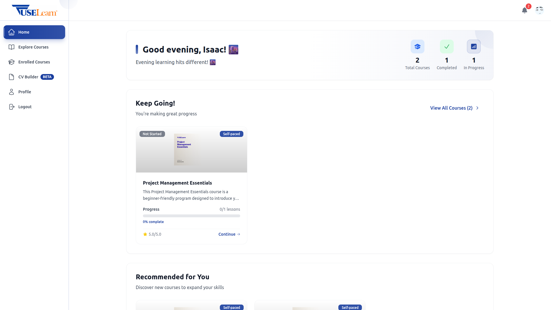 FUSELearn Dashboard showing course interface