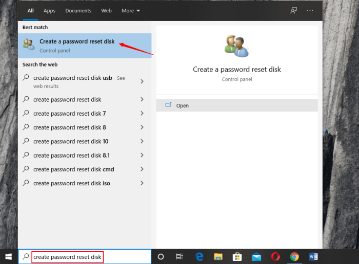 Search for " create password reset disk" and press enter