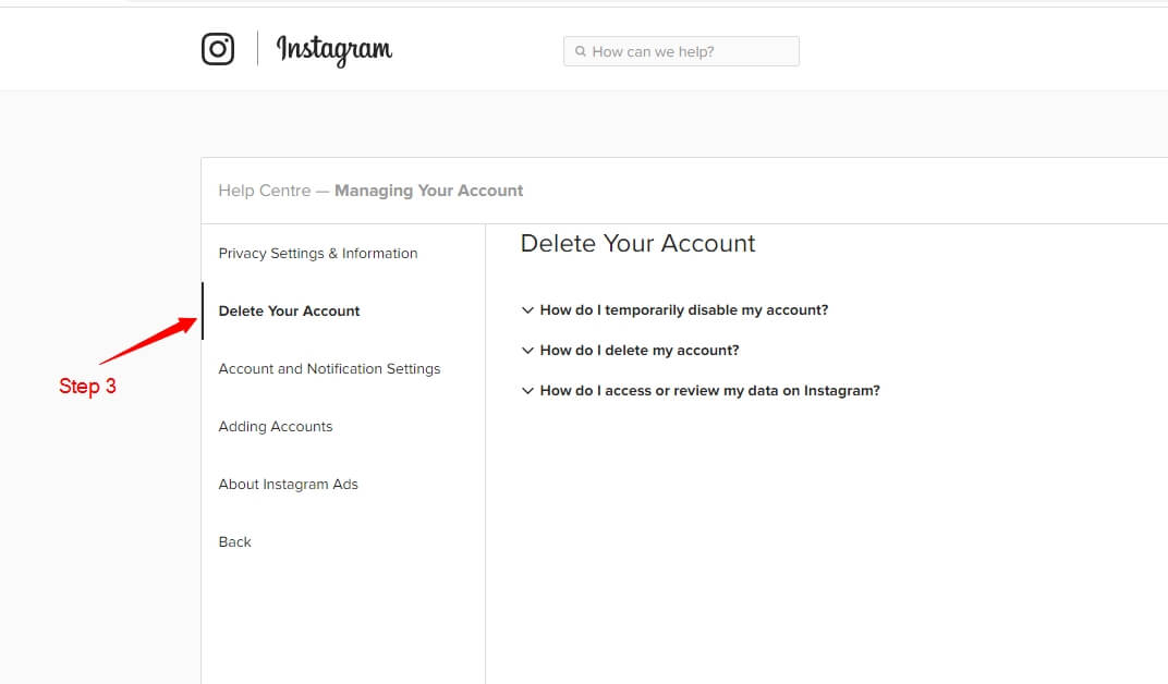 Click on Delete your Account