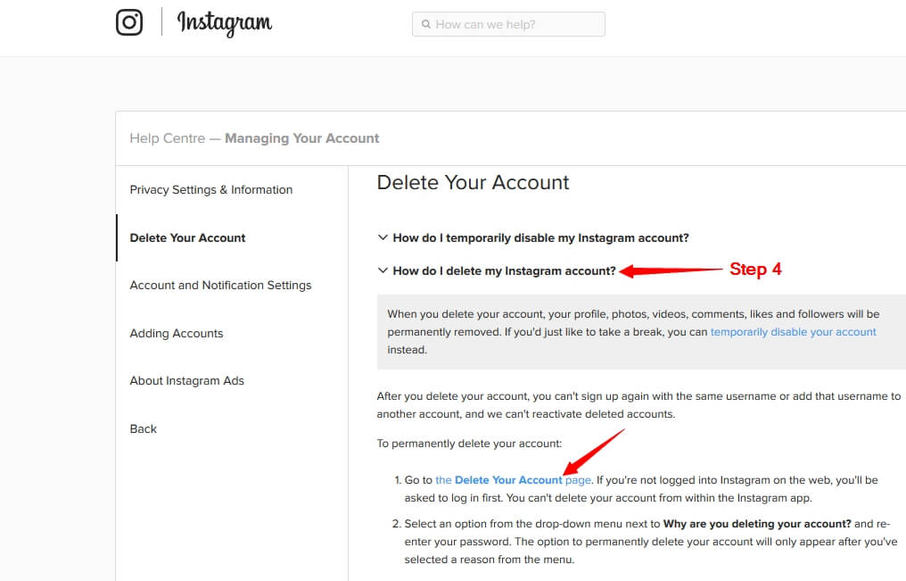 Go to Instagram Account Deleting page
