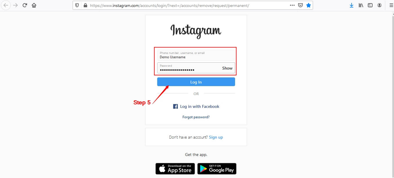 Now login to delete your instagram account
