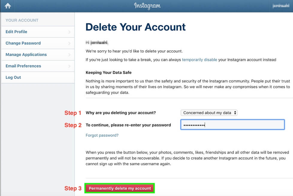 Re-enter your Password and Delete Instagram Permanently