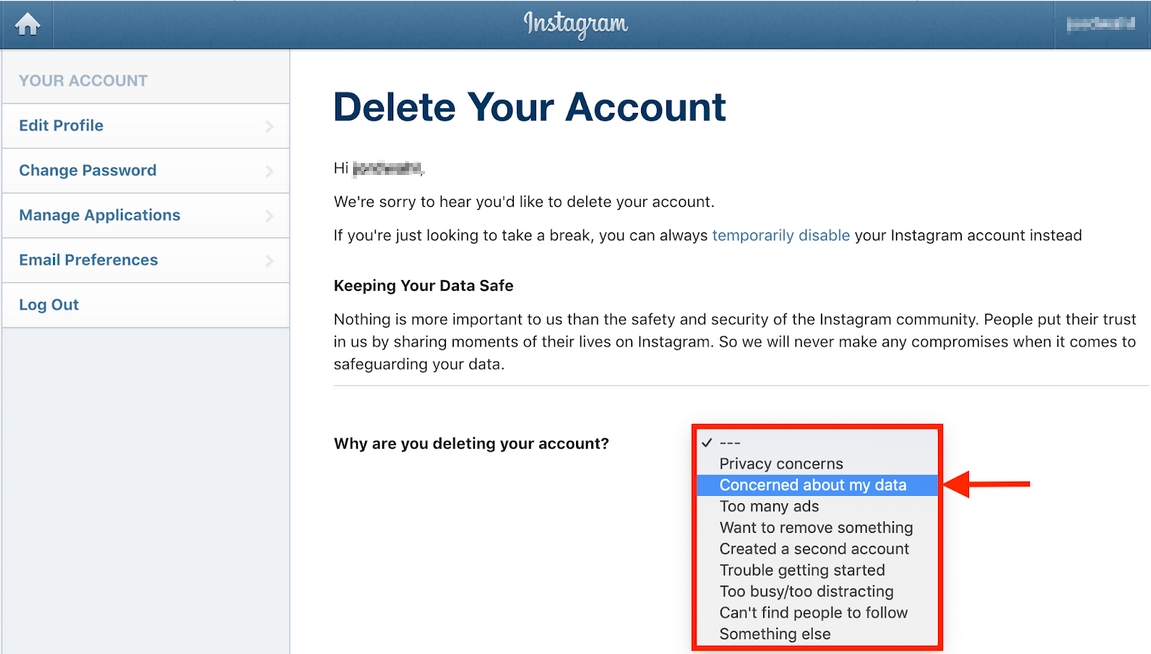 Select reason why you are deleting your instagram account