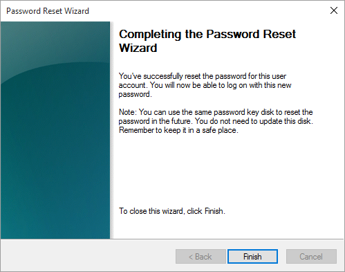 Completing the password reset disk