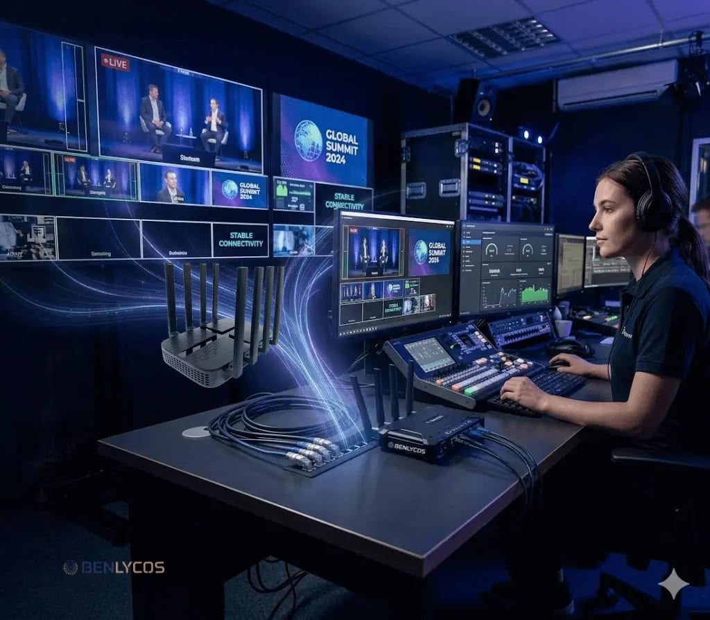 Live event streaming production control room - woman operator at desk with multiple monitors