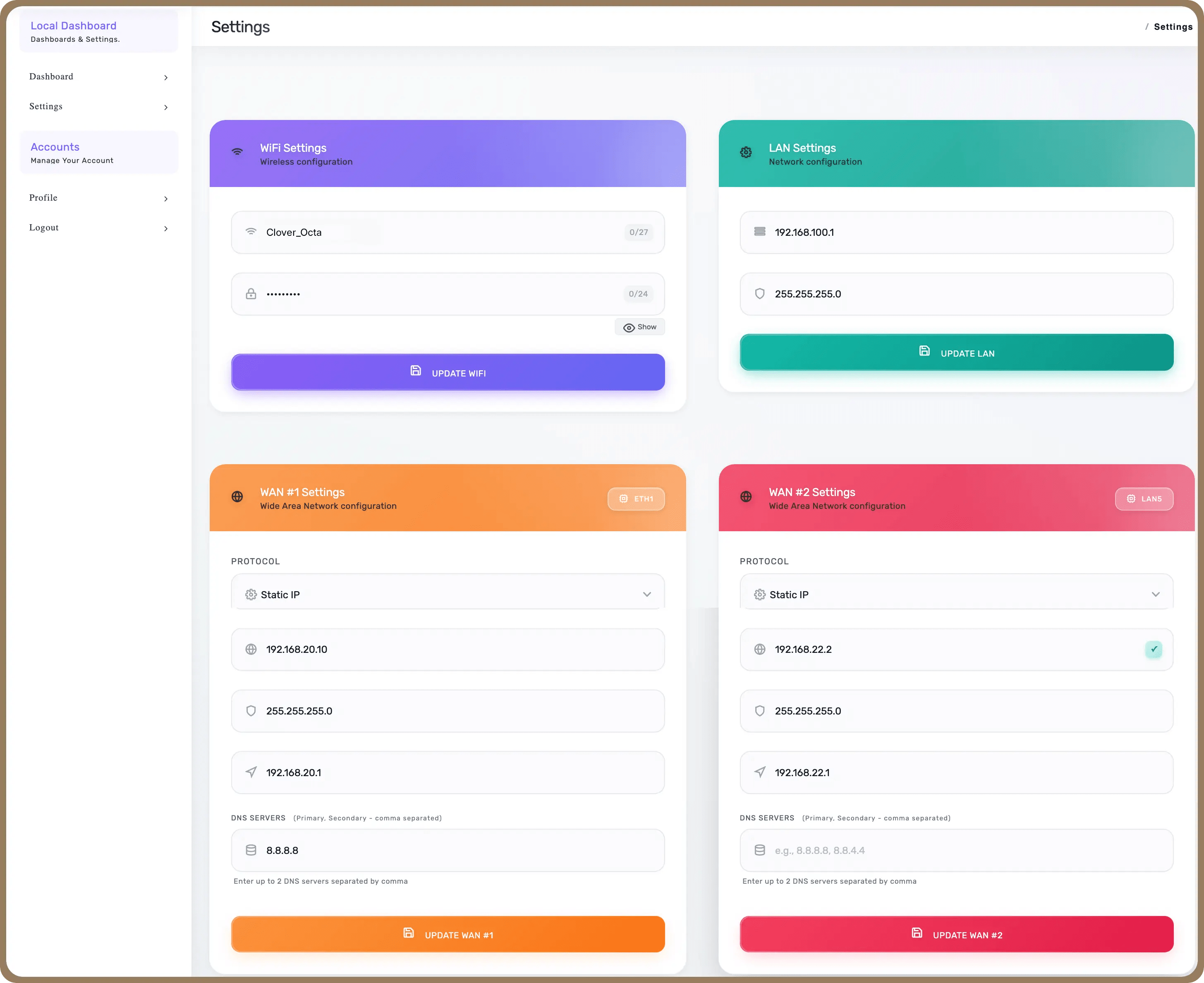 Benlycos Dashboard Settings showing WAN configuration and traffic prioritization