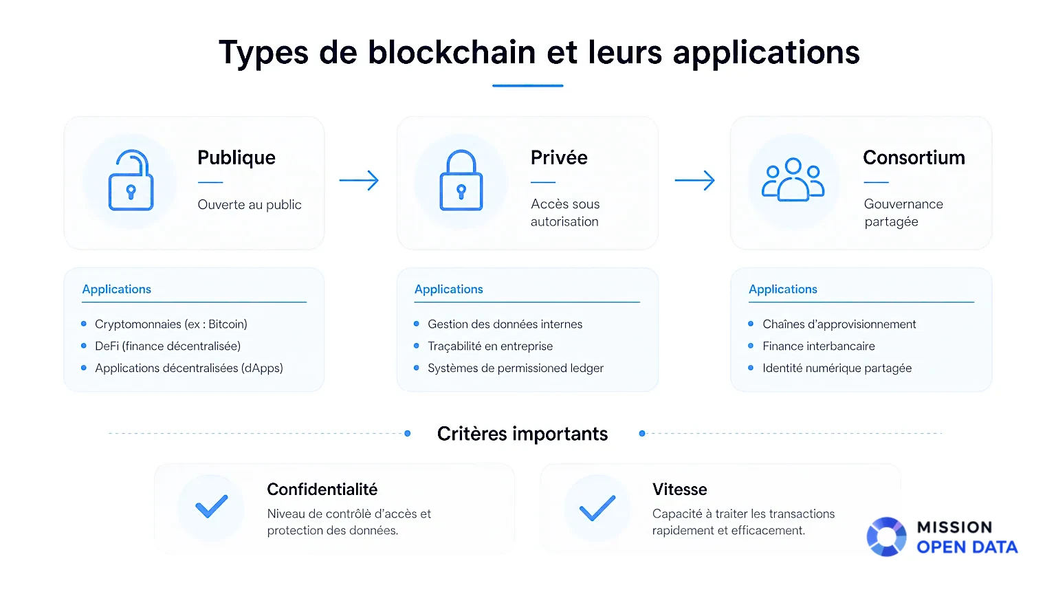 Infographie illustrant différents types de blockchain avec icônes