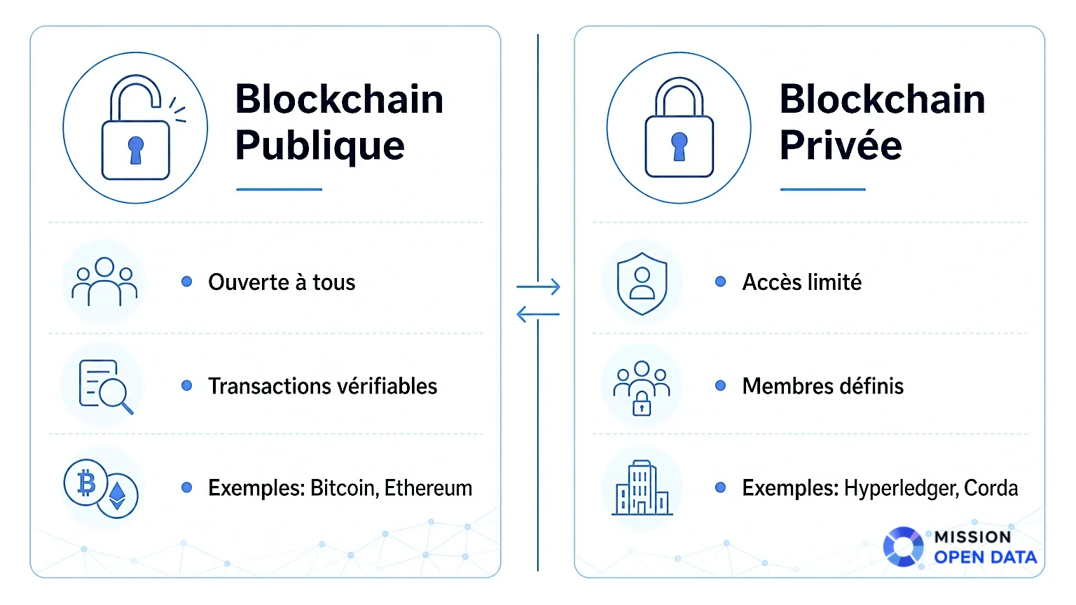 Infographie comparant blockchain publique et privée avec pictogrammes.