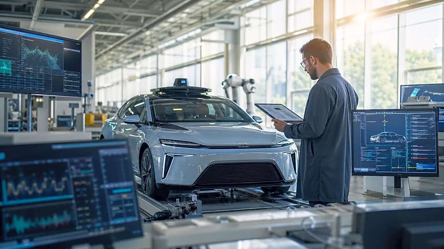 Ingénieur inspectant une voiture autonome sur une ligne de production moderne