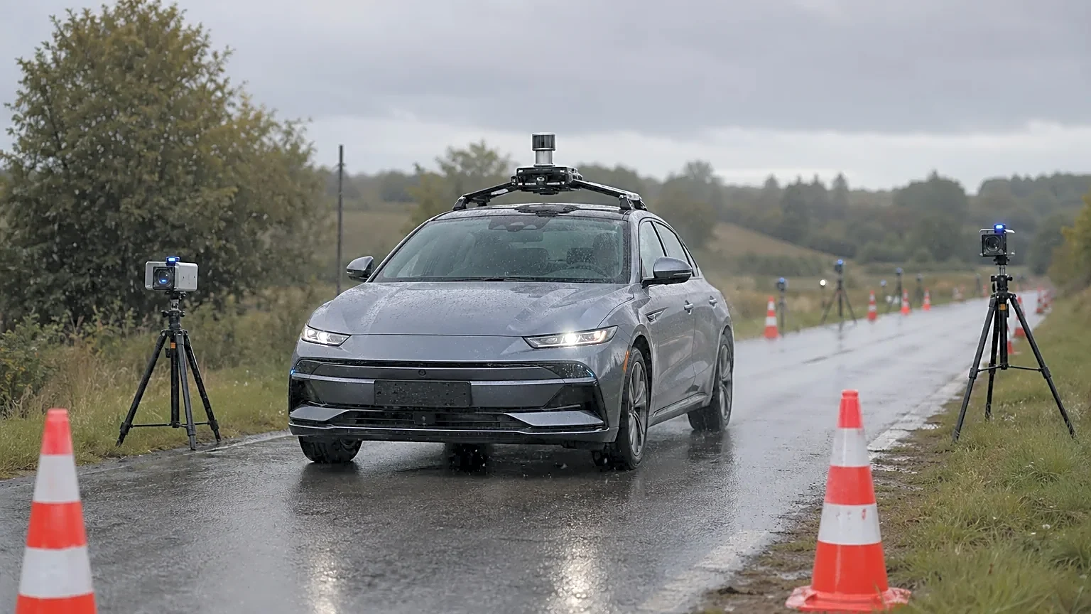 Voiture autonome en test sur une route de campagne sous la pluie.