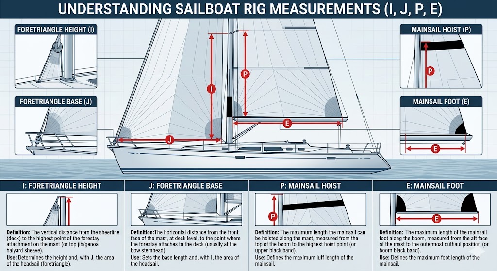 Understanding sailboat rig measurements I, J, P, E — diagram