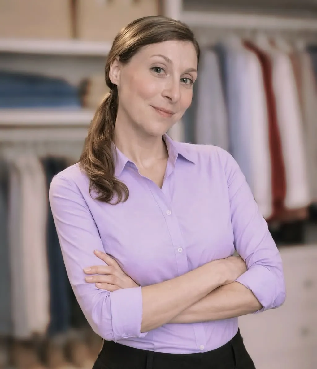 Meg in front of an organized closet