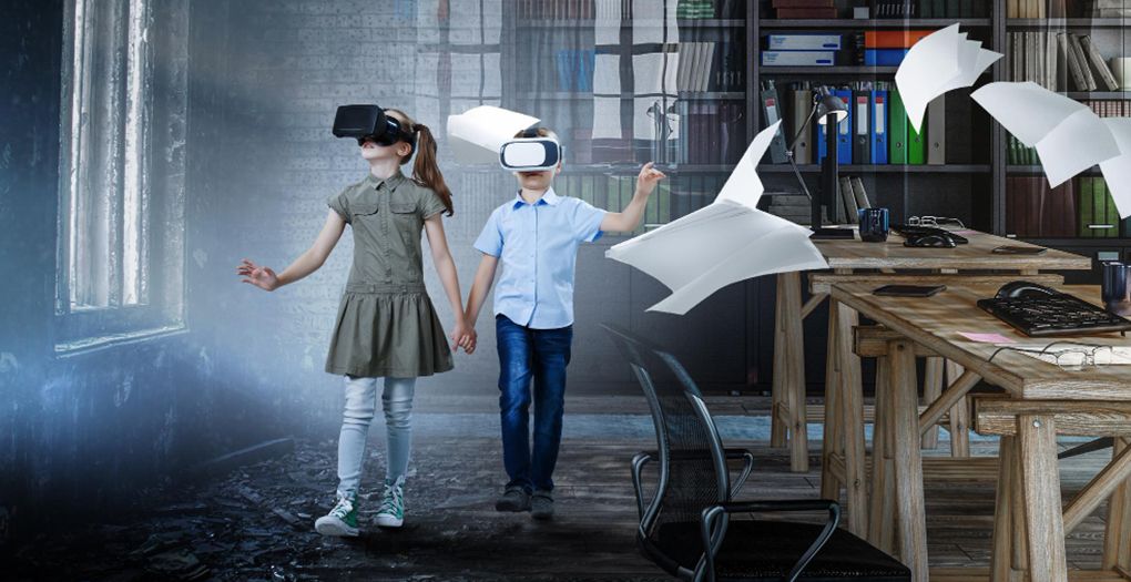 Two children wearing VR glasses standing in an office, exploring a virtual reality experience.