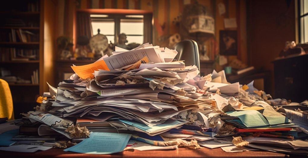 A messy desk cluttered with files and papers.