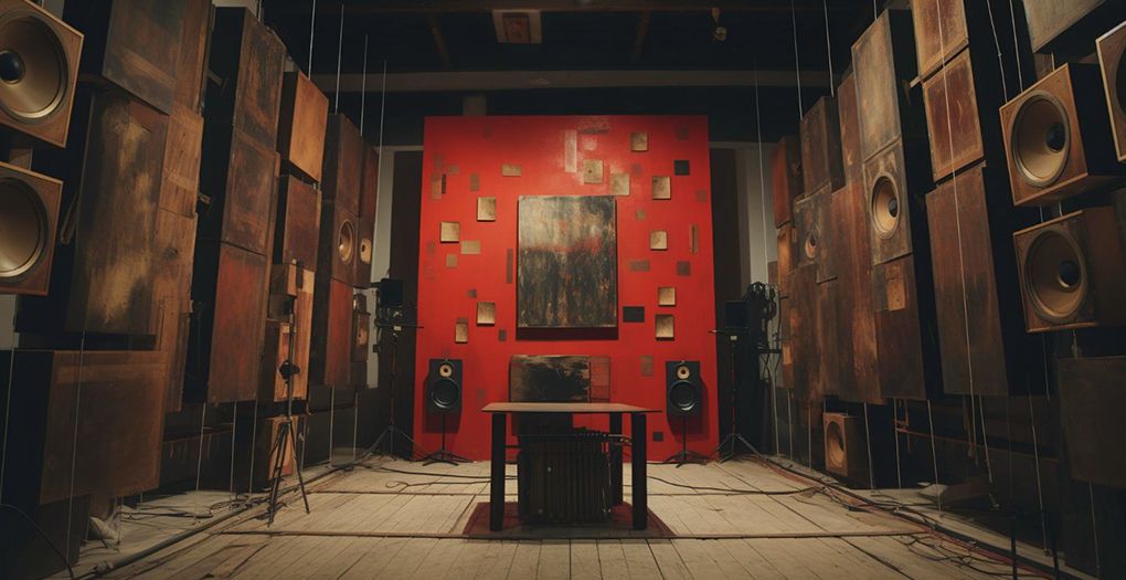 A room with numerous speakers and a vibrant red wall.