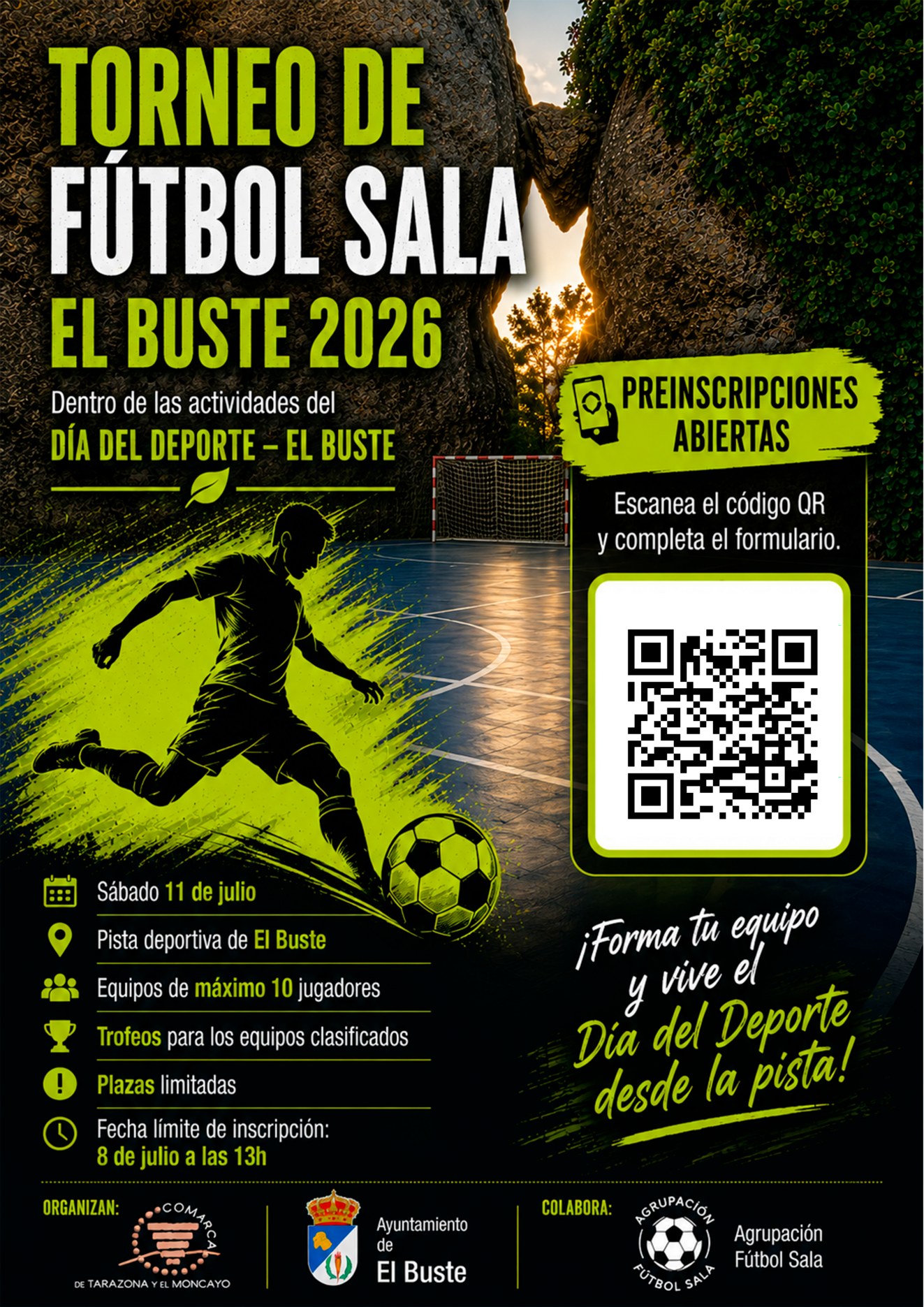 Cartel del Torneo de Fútbol Sala de El Buste 2026 con código QR de preinscripción