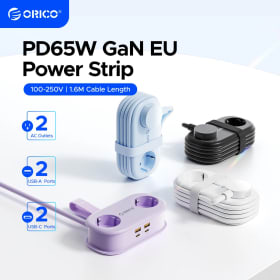 ORICO Cable-Wrap Tira de alimentación de viaje portátil 65W Estación de carga rápida GaN con 2 salidas de CA 2 USB 2 Tipo-C Adaptador de enchufe de la UE Hogar