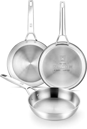 BRA Signature | Set 3 Sartenes 20-24-26 cm - Acero Inoxidable 18/10 Profesional Sin Antiadherente - Triple Fondo Difusor - Apto Inducción y Todo Tipo de Cocinas