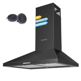 COMFEE' PYRA17B-60 - Campana Extractora 60 cm Negra con LED, 400 m³/h, Sistema de Recirculación y Canalización, Filtros de Carbón