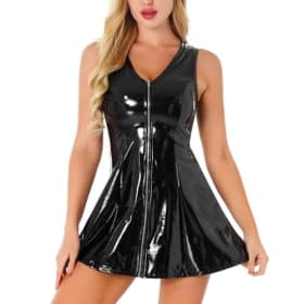 PARUPRUP Mujer Sexy Cremallera Frontal Cuero Mini Vestido Ajustada Wetlook - Látex Bodycon Clubwear Lencería (Negro, M)