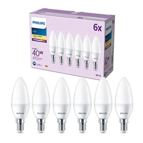 Philips - Bombilla LED tipo vela, 4.9W (Eq. 40W), 470 lúmenes, casquillo E14, Luz Blanca Cálida (2700K) - Pack de 6
