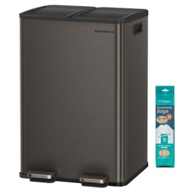 SONGMICS Cubo de Basura de Cocina 2x30 L, 2 Compartimentos, Papelera de Pedal con Tapa Suave, Acero Inoxidable, Incluye 15 Bolsas (Gris Pizarra)