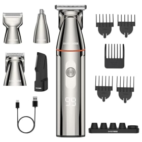 BarberBoss Kit de Aseo 5 en 1 para Hombres – Recortador de Barba, Cortadora de Pelo Impermeable con Recortador de Nariz y Peluquero Corporal (Carga USB-C, Pantalla LED)