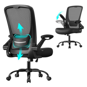 SONGMICS Silla de Oficina Ergonómica de Malla - Silla Giratoria de Escritorio con Soporte Lumbar, Asiento de 53 cm, Apoyabrazos Abatibles, Negro OBN037BKV2