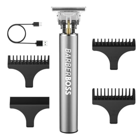 BarberBoss Recortadora de Barba, Cabello y Patillas - Inalámbrica, Recargable con 3 Peines Guía y Cuchilla en T para Corte Preciso (Gris)