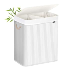 SONGMICS Cesto Ropa Sucia 100 L - Cesta Colada con 2 Clasificaciones, Tapa de Bambú, Plegable y Bolsa Interior Lavable - Blanco LCB64WT
