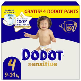 Dodot Pañales Bebé Sensitive Talla 4 (9-14 kg) - Pack de 192 + 4 Pants de Regalo | Protección Antifugas 12h y Cuidado Suave para la Piel