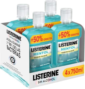 Listerine Mentol Sabor Suave (4x750 ml) - Enjuague Bucal con Flúor, 24h de Protección y 0% Alcohol | Aliento Fresco y Encías Sanas