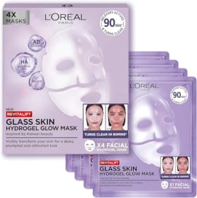 L'Oréal Paris Revitalift Filler Glass Skin Mascarilla Facial Hidrogel Iluminadora, Piel Jugosa y Radiante. Tratamiento rellenador, Ácido Hialurónico, Glicerina, Extracto Centella Asiática, Pack de 4