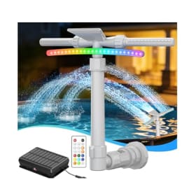 Cascada Solar para Piscina LED 9 Colores | Aspersor Fuente 2 en 1 Doble Cabeza Ajustable - Enfría 5-11°C, Mando a Distancia y Sensor de Luz