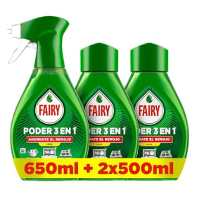 Fairy Pack Poder Sin Remojo Limón Spray 650ml + 2 Recambios 500ml - Antigrasa y Limpieza Rápida para Vajilla y Cocina