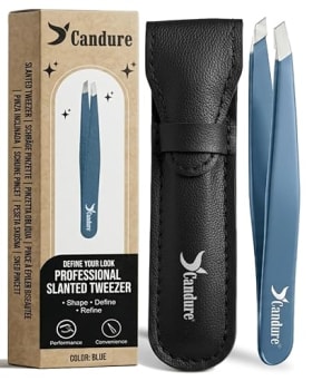 Candure Pinzas Depilar Profesionales Punta Oblicua – Acero Inoxidable para Cejas, Vello Facial y Mentón, Ideal contra Pelo Encarnado (Azul)