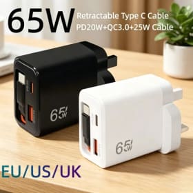 Cargador Rápido USB C de 65W con Cable Tipo-C Retráctil, Carga Rápida PD para iPhone 16 15 MacBook Samsung Laptop iPad, Enchufe EU/US/UK