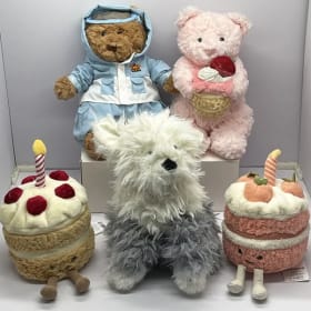 Peluche de Oso con Pastel Rosa JC, Conejo con Estampado de Leopardo, Peluche de Pastel de Cumpleaños, Adorno de Oso con Traje de Esquí, Peluche de Pastor Canino JC