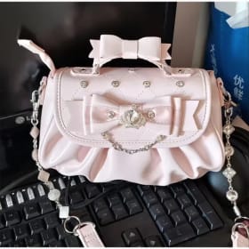 Elegante Bolso de Hombro Rosa con Lazo y Pedrería, Bolso de Hombro Plisado Estilo Lolita Dulce, Bolso de Mano Portátil con Asa de Lazo, Bonito Bolso Ita