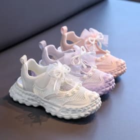 Zapatillas deportivas para niña con lazo de perlas, transpirables, con malla hueca, suela suave y gruesa, para correr, otoño 2026