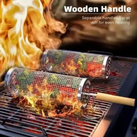 Juego de Cestas Redondas para Asar a la Parrilla, Jaula Giratoria de Acero Inoxidable para BBQ, Rejilla de Malla Metálica Cilíndrica para Asar, Esencial para Acampar al Aire Libre