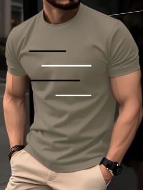 Camiseta de manga corta con cuello redondo y patrón geométrico simple de líneas blancas y negras, informal, holgada, 100% algodón puro, para hombre, de verano