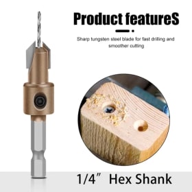 Broca avellanadora de 6.35mm con vástago, broca escalonada para madera, cabeza de aleación, para instalación de tornillos ocultos, herramienta de carpintería