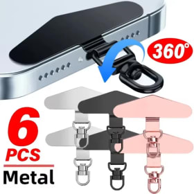 6-1PCS Parche de conexión para cordón de teléfono, antipérdida, de repuesto, de acero inoxidable, giratorio 360°, con clip de seguridad para teléfono móvil