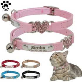 Collar Personalizado para Gato en Forma de Corazón con Campana, Collar Elástico Ajustable de Seguridad, Collar de Terciopelo Suave con Cristales para Gatitos y Cachorros