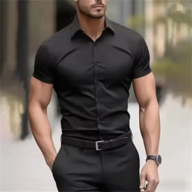 Camisa de negocios de verano para hombre, tela elástica de manga corta, negra, sin bolsillo, ajustada, camisa de vestir social para hombre, alta calidad, 5XL