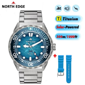 Reloj de buceo NORTH EDGE TRITON-TI de titanio y acero inoxidable, con energía solar, reloj de cuarzo de lujo para hombre, resistente al agua hasta 300 m, con más de 180 días de autonomía.